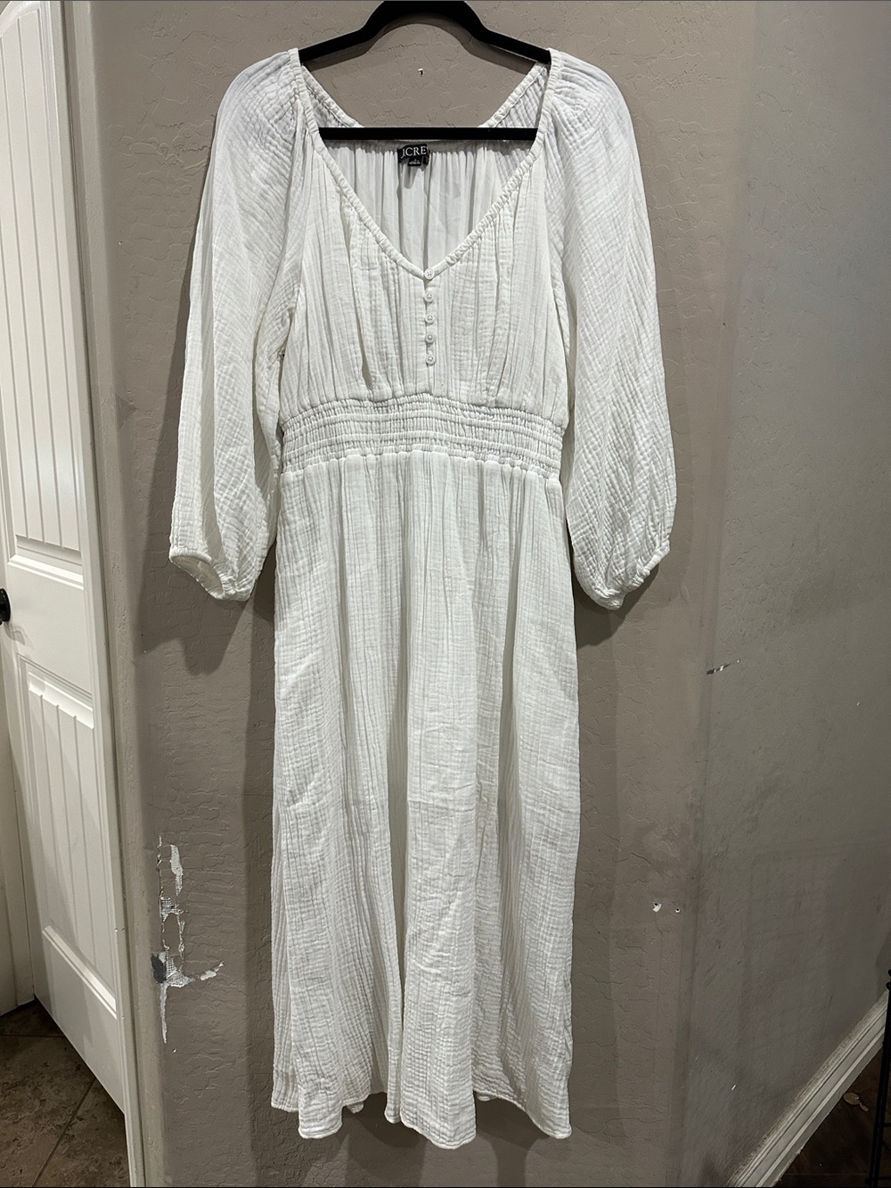 J. Crew White Long Sleeve Smocked-Waist Maxi Dress